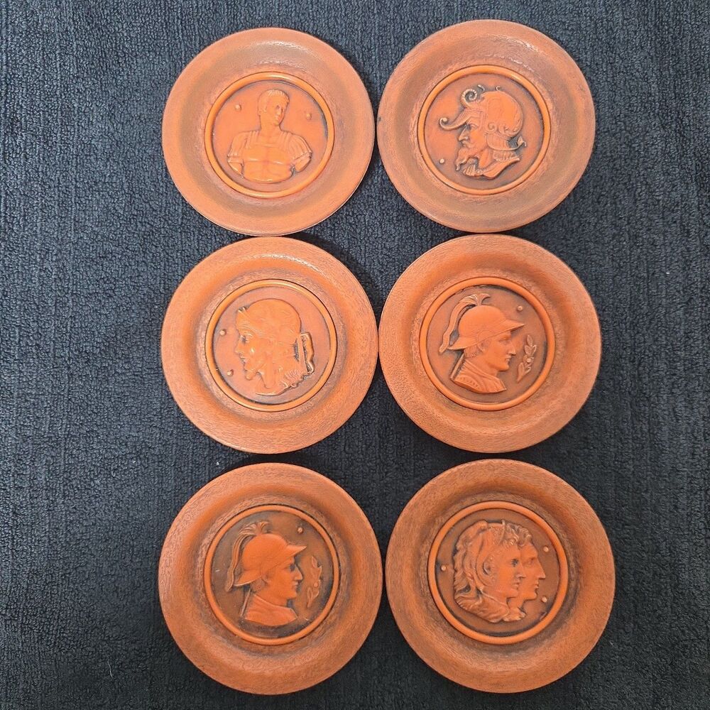 Vintage Mid-Century Greek Roman Mythological Faux Wood Coasters-Set of 6 Unique
